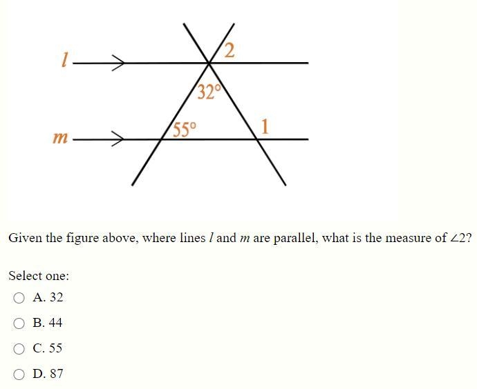 Given the figure above, where lines l and m are parallel, what is the measure of ∠2? Select-example-1