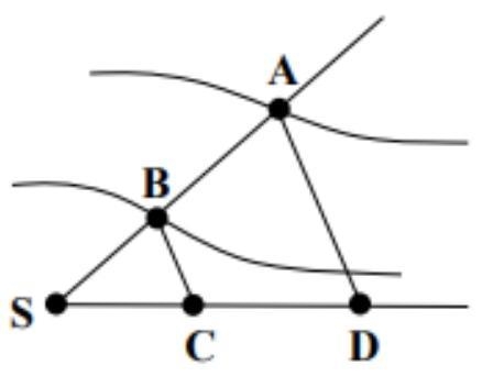 Find the distance between points A and B, located on the opposite shores of a river-example-1