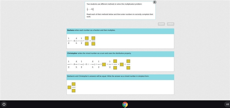 Two students use different methods to solve this multiplication problem: 1/2 • -4 4/5 Read-example-1