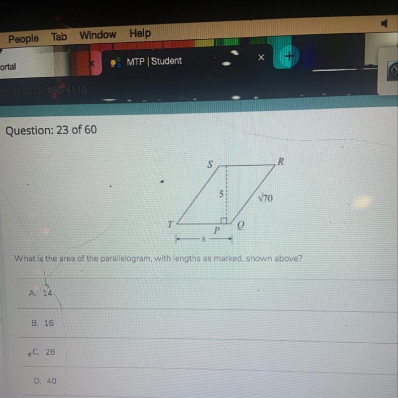 Question: 23 of 60 What is the area of the parallelogram, with lengths as marked, shown-example-1