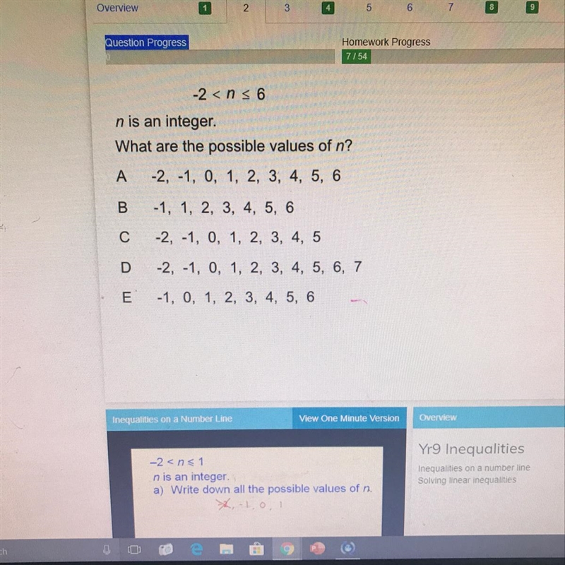 -2 n is an integer. What are the possible values of n? A -2, -1, 0, 1, 2, 3, 4, 5, 6 B-example-1