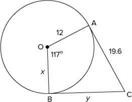 Find the values of x and y. answers: 1) x = 12.0; y = 19.6 2) x = 23.0; y = 12.0 3) x-example-1