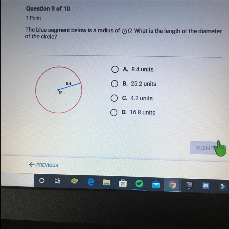 The blue segment below is a radius of 00. What is the length of the diameter of the-example-1