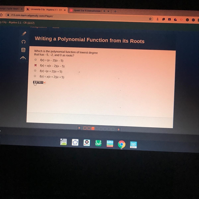 Which is the polynomial function of lowest degree that has -5.-2, and 0 as roots? fx-example-1