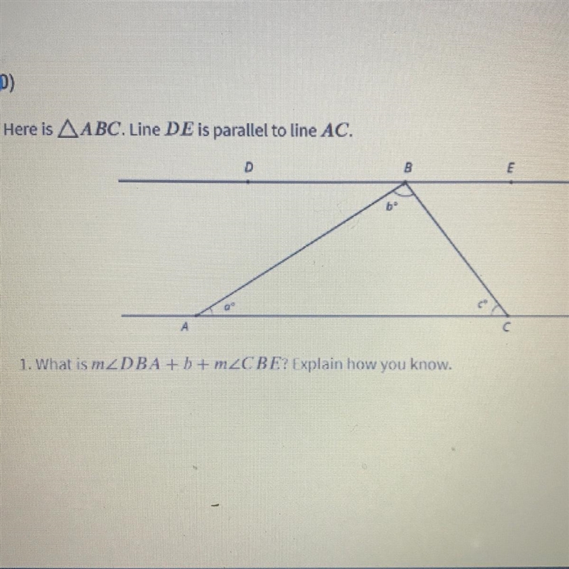 Here is AABC. Line DE is parallel to line AC. 1. What is m Please help-example-1