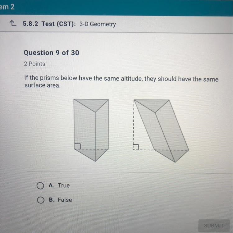 If the prisms below have the same altitude, they should have the same surface area-example-1