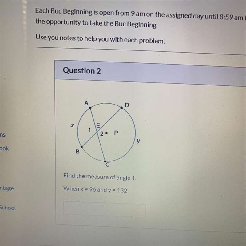 Find the measure of angle 1 when X= 96 and y=132 Help!?-example-1