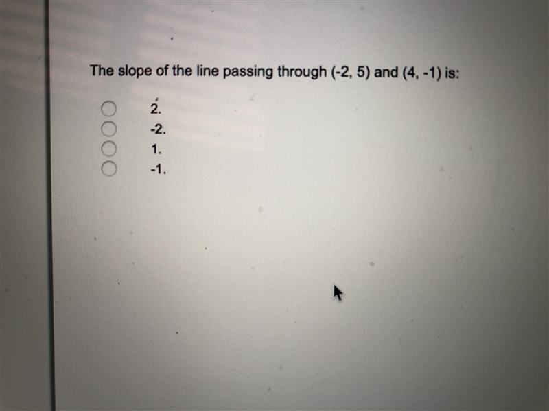 The slope of the line passing through(-2,5) and (4,-1) is:-example-1