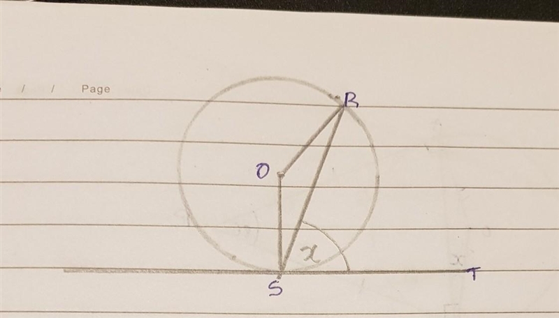 B R S are two points on a circle, Centre O. TS is a tangent to the circle. Angle RST-example-1