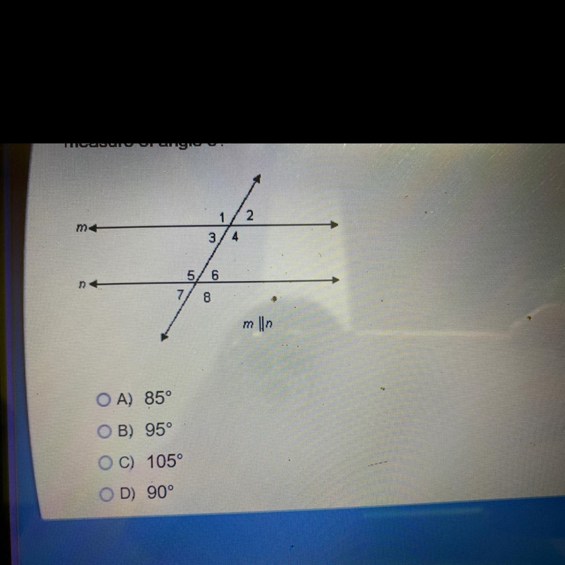 Line M is parallel to line N. The measure of the angle 4 is 95°. What is the measure-example-1