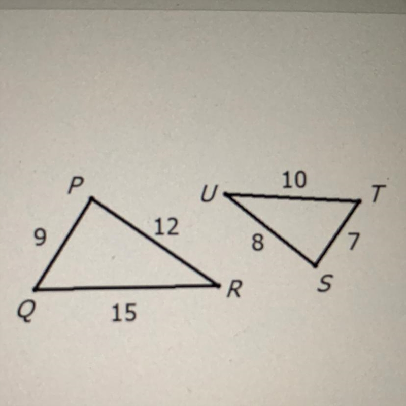 These triangles are NOT similar! Why not? Use calculations AND words to explain.-example-1