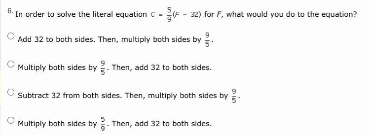 In order to solve the literal equation C equals five ninths times F minus thirty-two-example-1