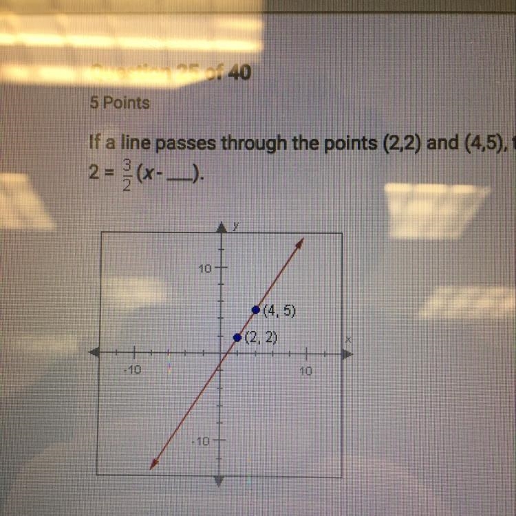 If a line passes through the points (2,2) and (4,5), the equation of the line is 2=3/2(x-example-1