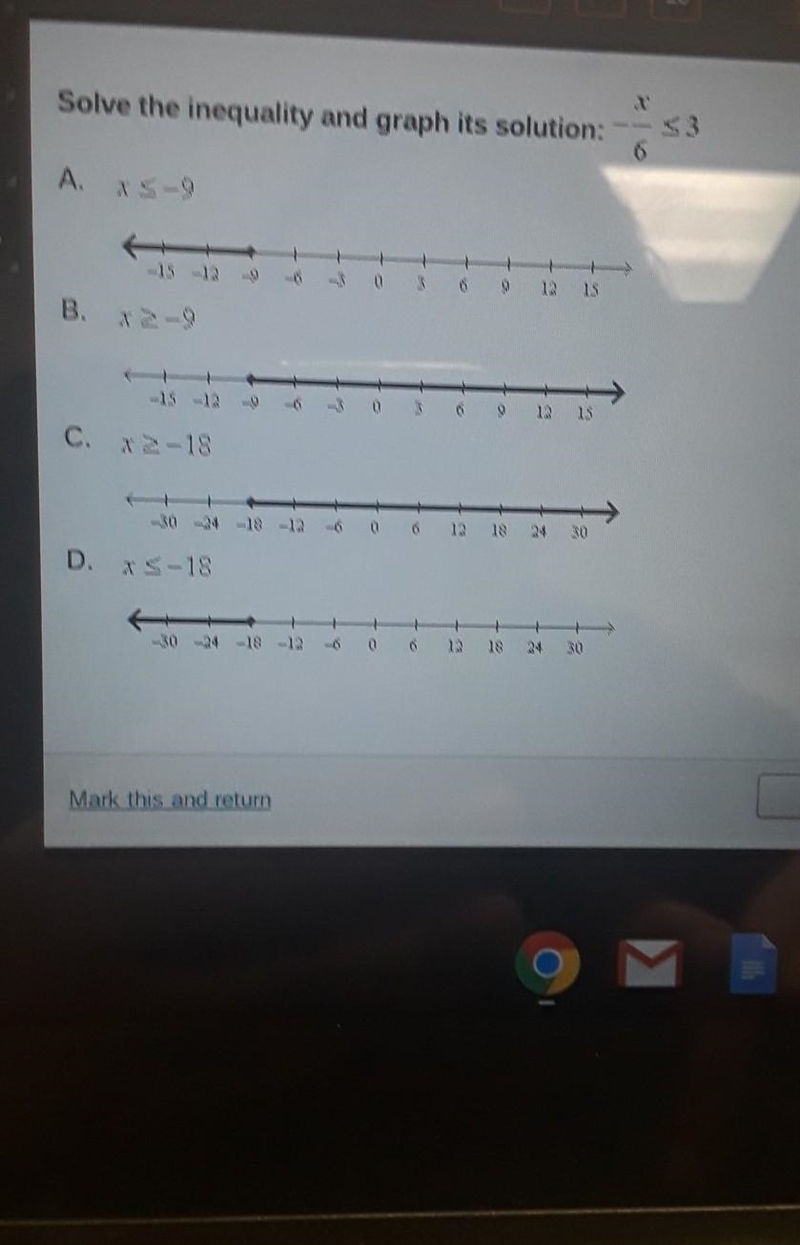 Solve the inequality and graph its its solution -x/6 < 3​-example-1