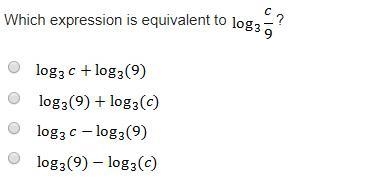 Which expression is equivalent to log Subscript 3 Baseline StartFraction c Over 9 EndFraction-example-1