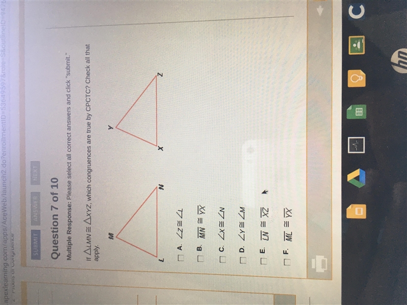 If LMN XYZ, which congruence are true by cpctc? Check all that apply-example-1