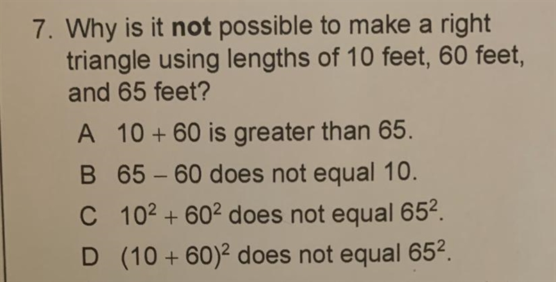 Why is it not possible to make a right triangle using lengths of 10 feet, 60 feet-example-1