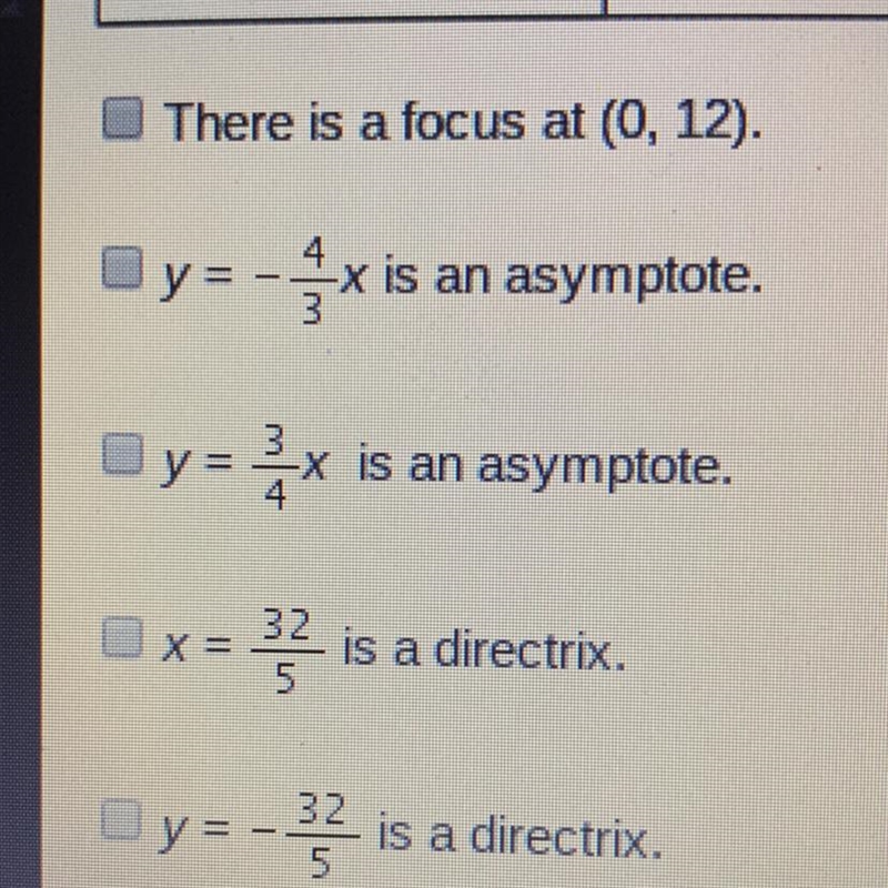 Which statements about the hyperbola are true? Select two options.-example-1