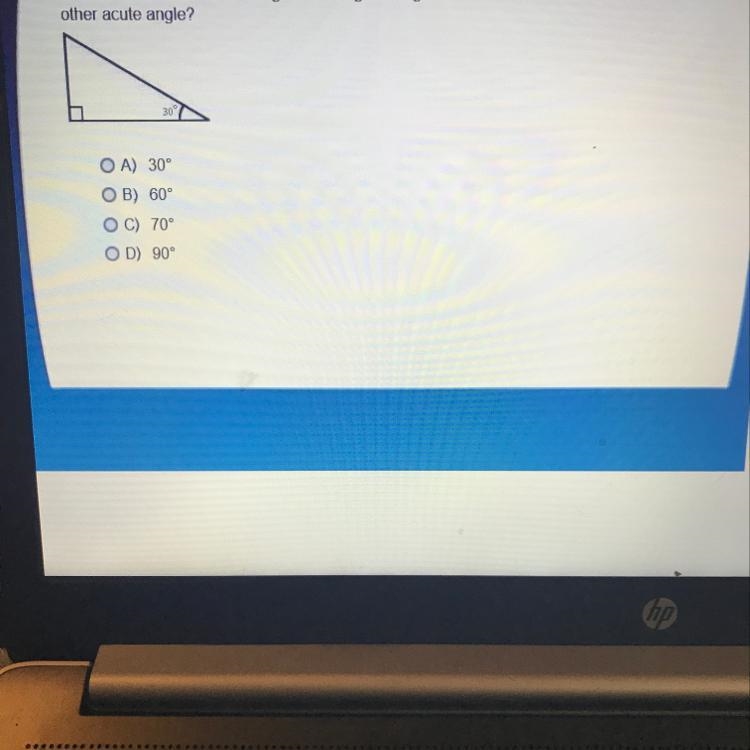 The measure of one acute angle in this right triangle is 30°. What is the measure-example-1