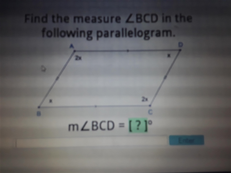 Find the measure of angle BCD in the following parallelogram. what's does BCD equal-example-1