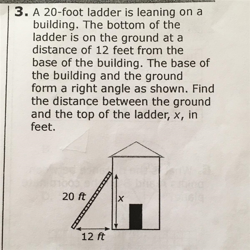 A 20-foot ladder is leaning on a building. The bottom of the ladder is on the ground-example-1