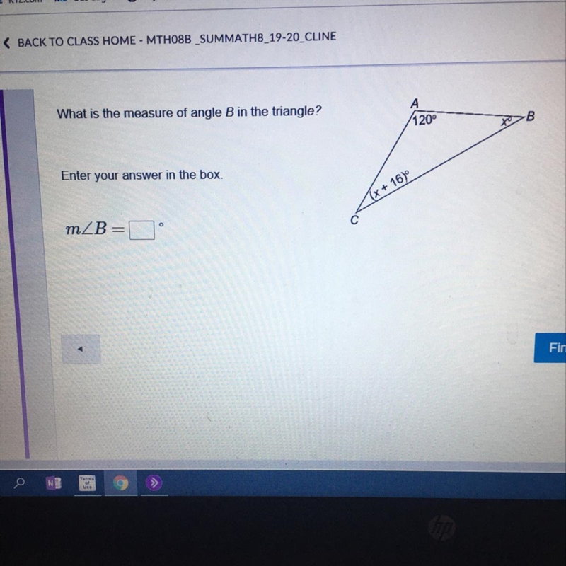 Help T^T What is the measure of angle B in the triangle? 420° Enter your answer in-example-1