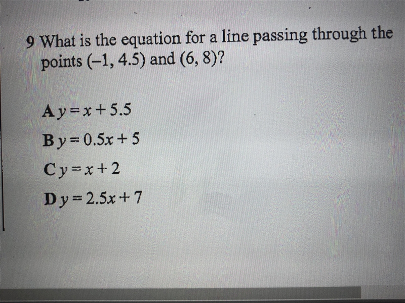 What’s the equation for a line passing through points (-1, 4.5) and (6, 8)?-example-1