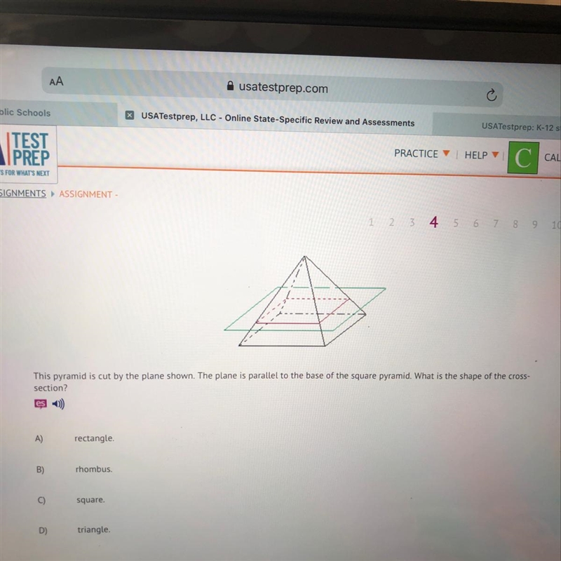 This pyramid is cut by the plane shown. The plane is parallel to the base of the square-example-1