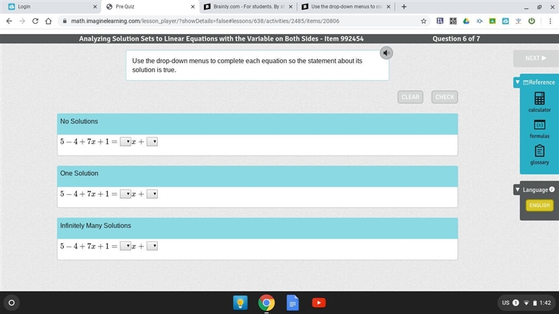 Use the drop-down menus to complete each equation so the statement about its solution-example-1