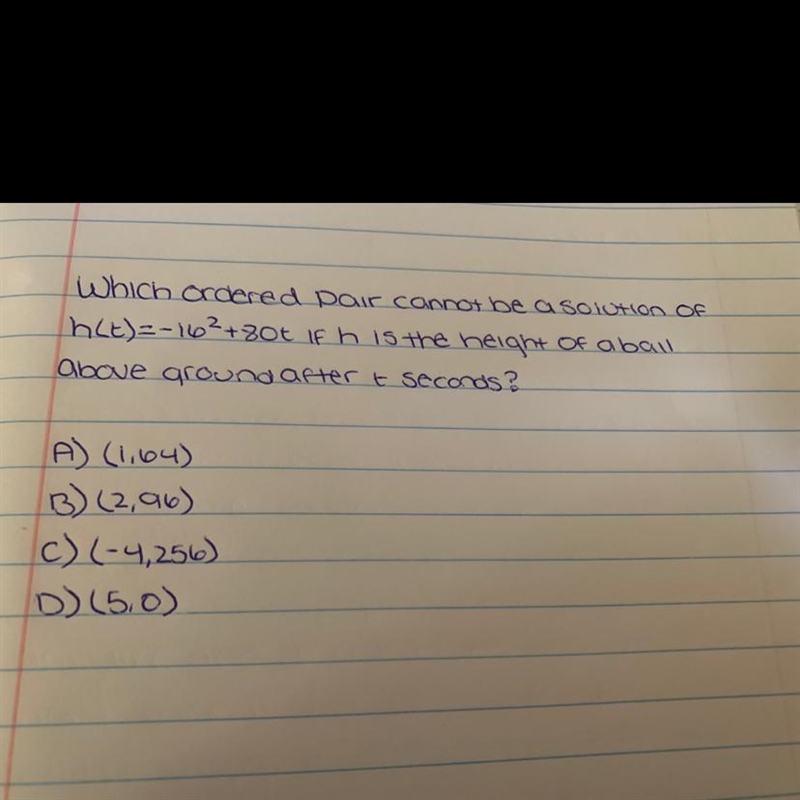 Which ordered pair cannot be a solution of h(t)=-16^2+80t If h is the height of a-example-1