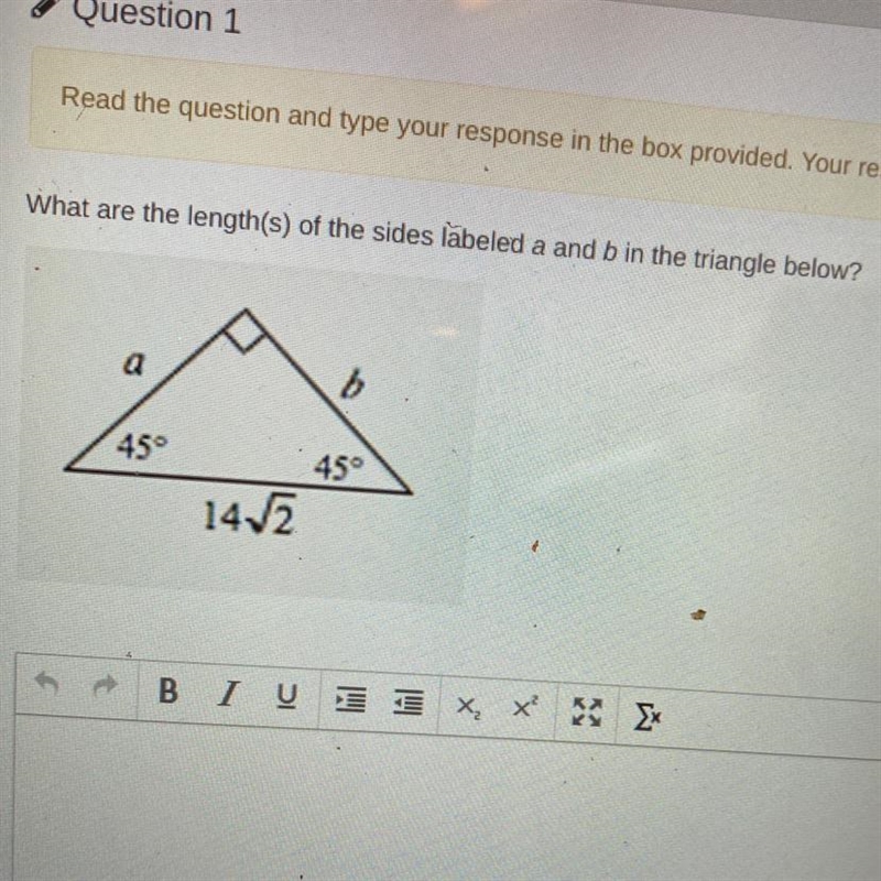 What are the length(s) of the sides labeled a and b in the triangle below?-example-1