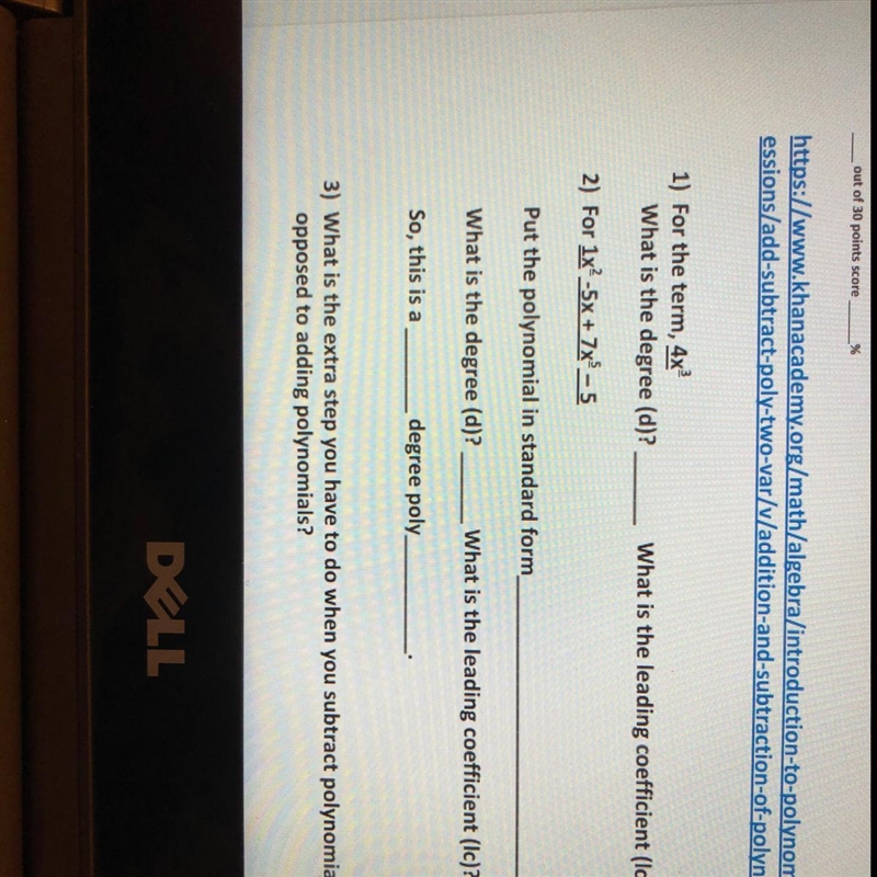 For the term 4x^3 What is the degree(d)? What is the leading coefficient?-example-1