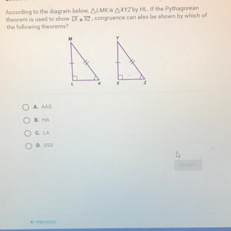 According to the diagram below, LMK = XYZ by HL. If the Pythagorean theorem is used-example-1