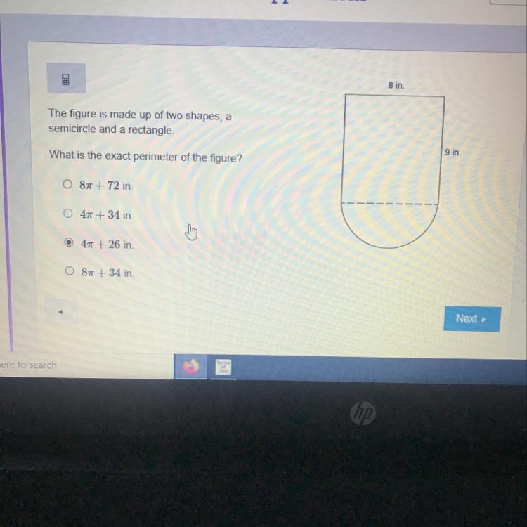 The figure is mad up of two shapes? A semicircle and a rectangle What is the exact-example-1