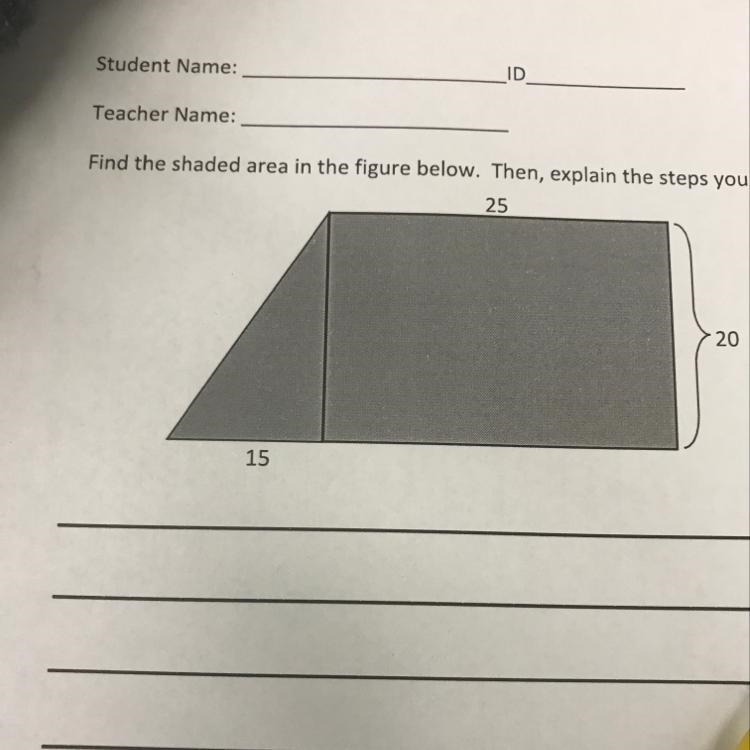 Find the shaded area in the figure below. Then, explain the steps you used to find-example-1