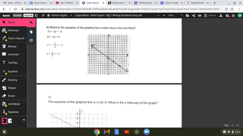 Which is the equation of the graphed line written slope-intercept form?-example-1