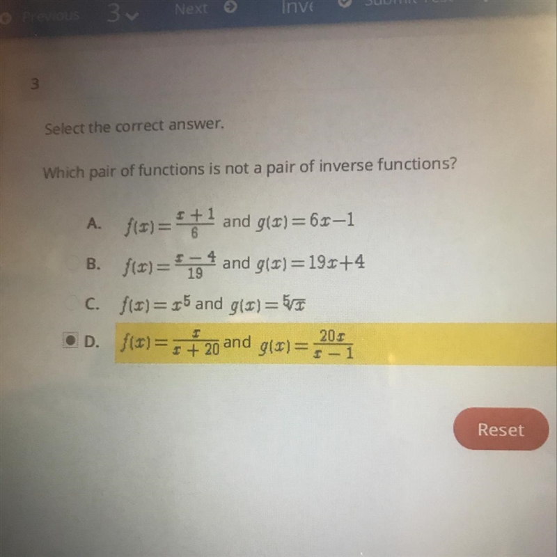 Select the correct answer. Which pair of functions is not a pair of inverse functions-example-1