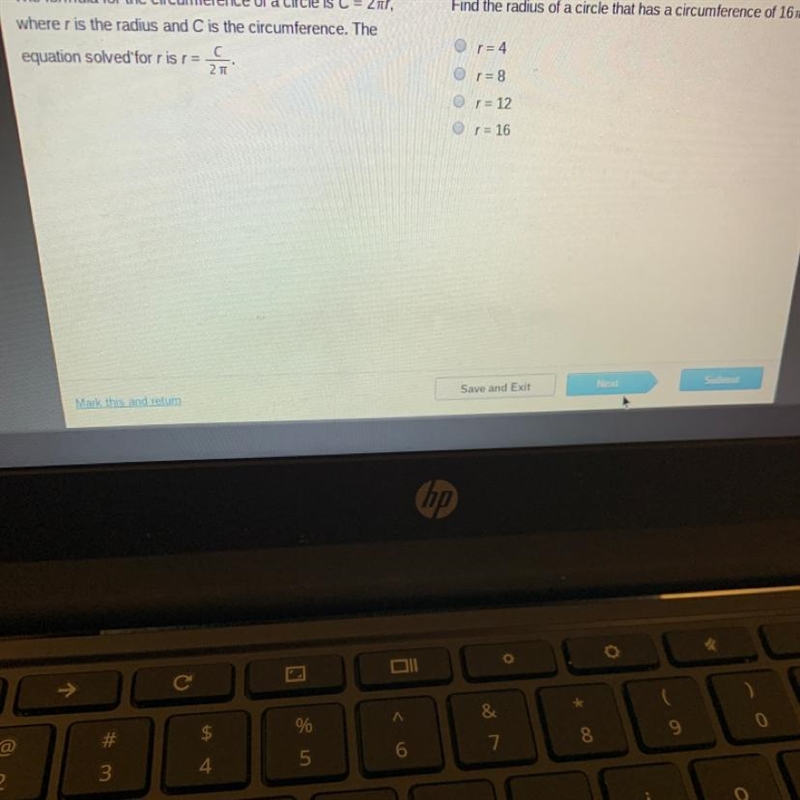 Find the radius of a circle that has a circumference of 16. The formula for the circumference-example-1