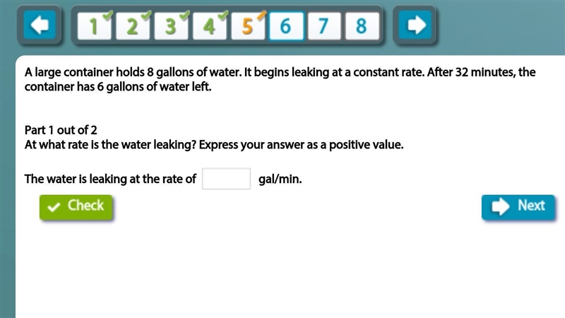 A large container holds 8 gallons of water. It begins leaking at a constant rate. After-example-1