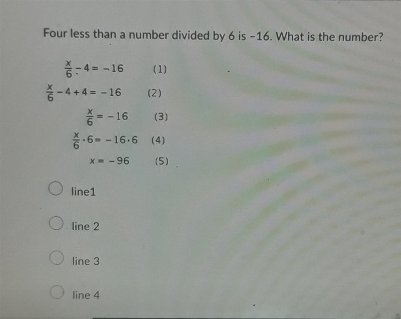 Four less than a number divided by 6 is -16. What is the number?​-example-1