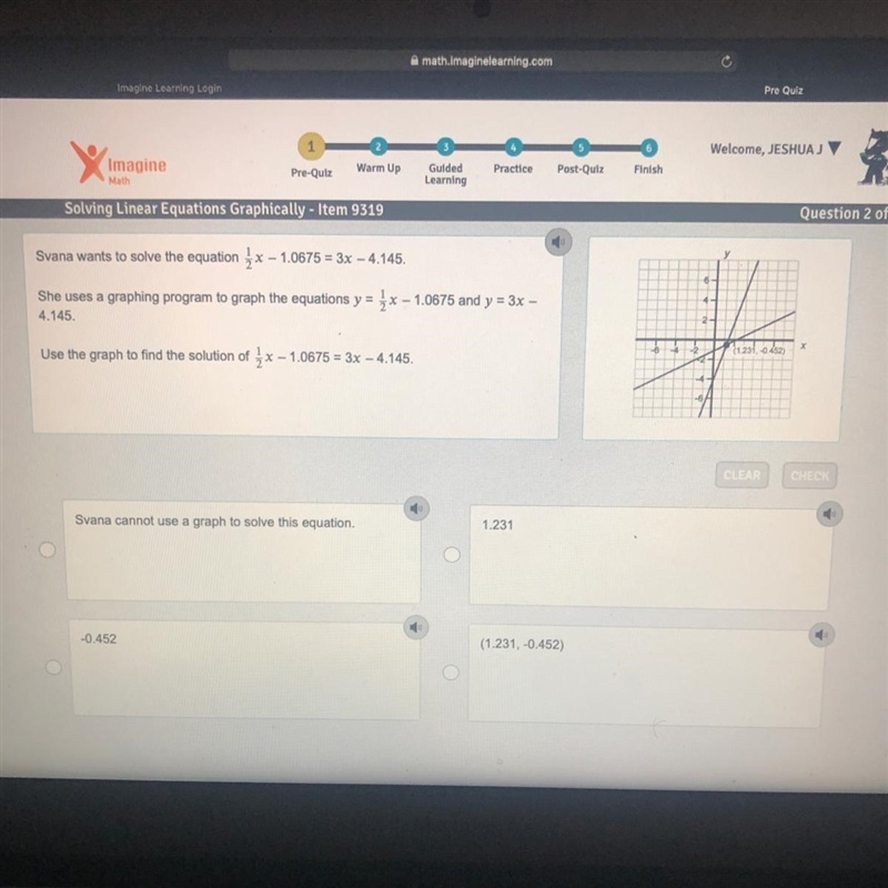 Svana wants to solve the equation x - 1.0675 = 3x - 4145. She uses a graphing program-example-1