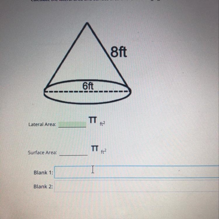 Calculate the lateral and surface area of the filling figure in terms of pi-example-1