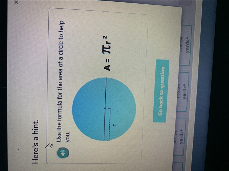 What is the area of the circle below use TT =3.14 to solve round your answer to the-example-2