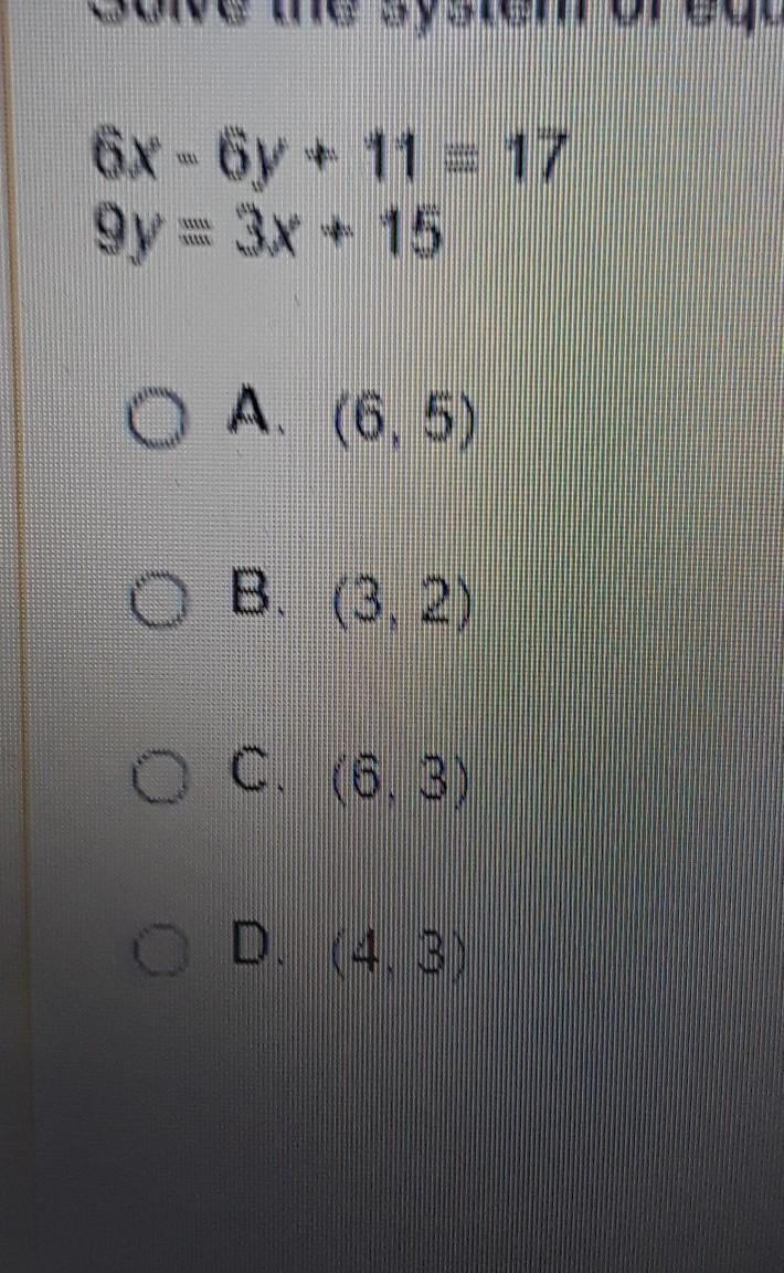 Solve the system of equations and choose the correct ordered pair. 6x-6y+11=17 and-example-1
