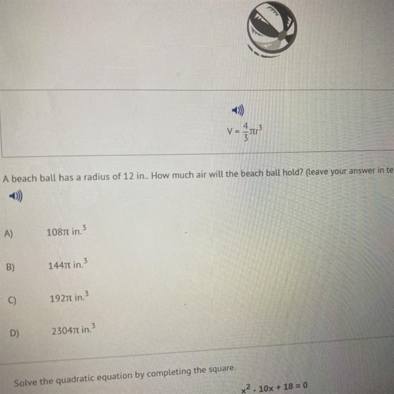 A beach ball has a radius of 12 in.. How much air will the beach ball hold?-example-1