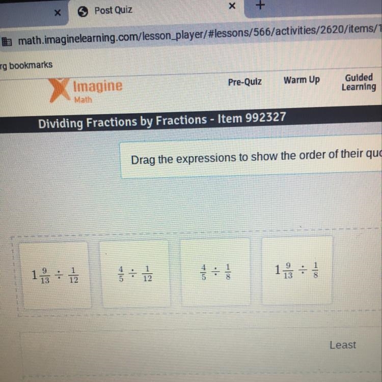 Drag the expressions to show the order of their quotients from least to greatest-example-1