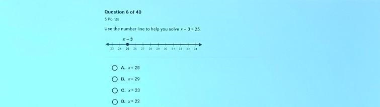 Use the number line to help you solve x-3 = 25. x – 3 ??​-example-1