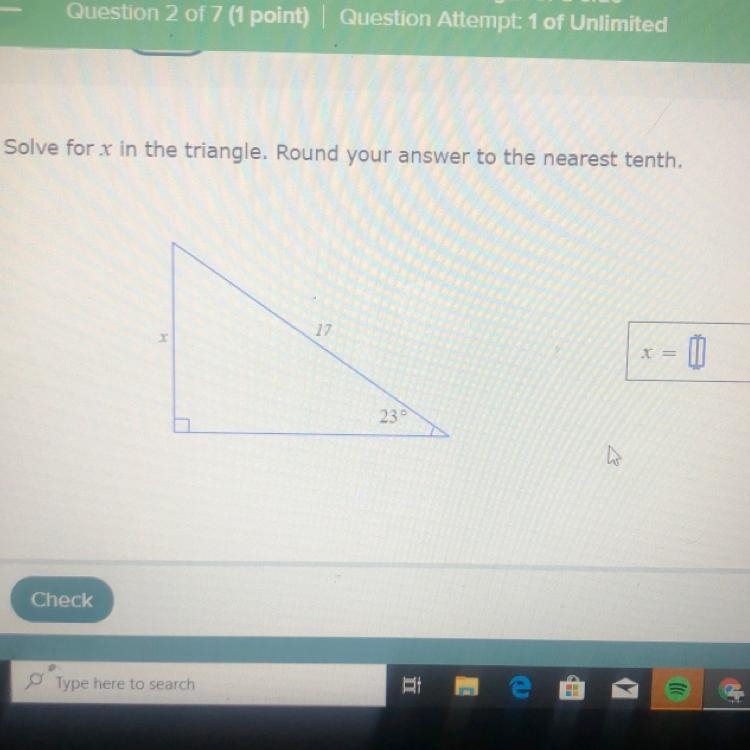 Solve for x in the triangle. Round your answer to the nearest tenth.-example-1