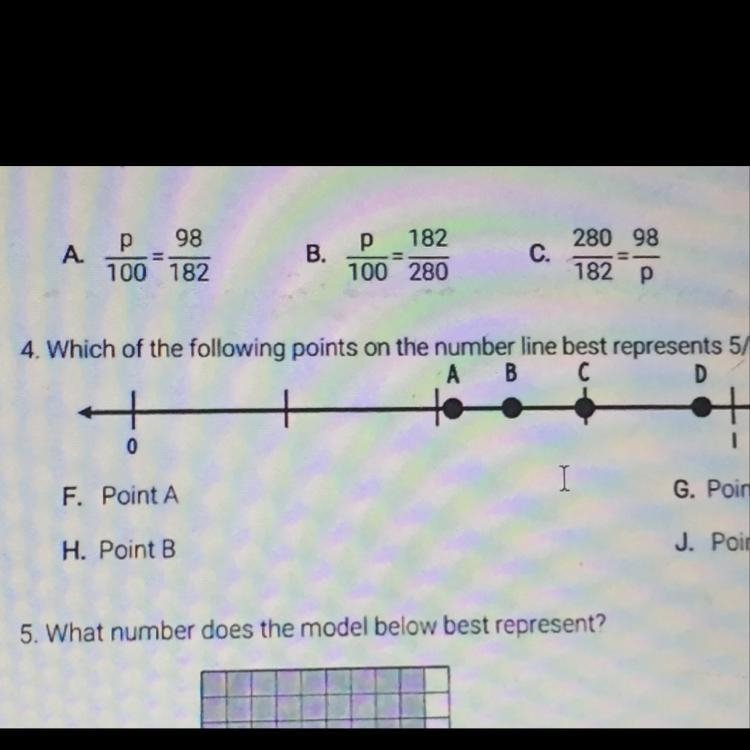 4. Which of the following points on the number line best represents 5/8? F. Point-example-1