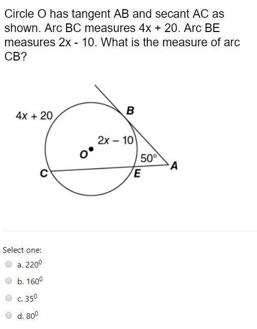 Circle O has tangent AB and secant AC as shown. arc BC measures 4x+2-. arc BE measures-example-1